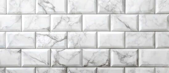 Wall Mural - White marble textured tiles in rectangular patterns for interior wall design with glossy finish and natural vein details Copy Space