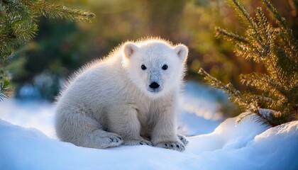 Wall Mural - a fluffy polar undergo cub sits on sparkling snow in winter surrounded by tall evergreen bushes