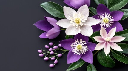 Aufkleber - A stunning collection of purple and white blossoms showcases their intricate details against a contrasting dark backdrop, emphasizing their vibrant colors and natural elegance