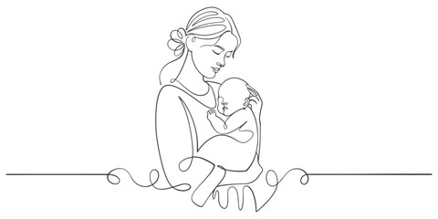 Wall Mural - Mothers and baby line art vector illustration