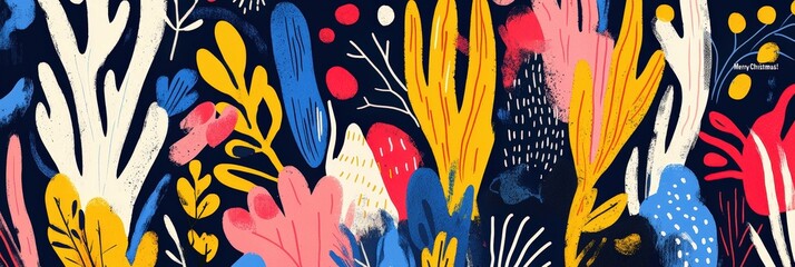 Leinwandbilder - A lively abstract botanical artwork showcases an array of stylized plants and flowers in bright colors against a dark backdrop, creating a striking visual effect
