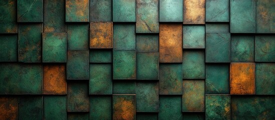 Wall Mural - Textured abstract background of layered rectangular tiles in green and brown tones with copy space for design projects