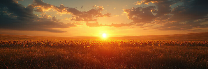 Poster - As the sun sets, its golden rays cast a warm glow over a vast field of blooming sunflowers, creating a breathtaking view
