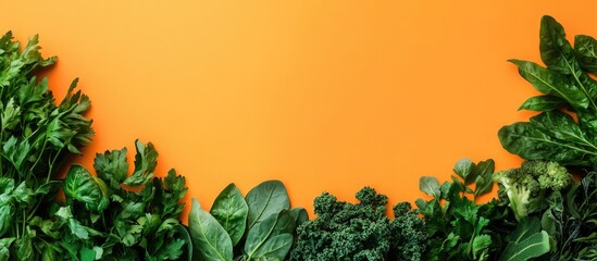 Wall Mural - Fresh green vegetables border on vibrant orange background with ample copy space for text placement