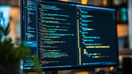Programmer coding late night, office background