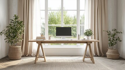 Canvas Print - Home office workspace by window, plants, sunlight