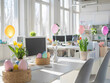 © Вікторія Білик - Modern office workspace decorated for Easter with pastel-colored egg-shaped balloons near each table.Easter wreaths on the walls, small baskets with colorful eggs on desks, bunny figurines, sun light