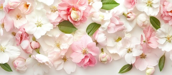 Wall Mural - Assorted pink and white flower petals with green leaves on a light background ideal for floral designs and decorative purposes Copy Space