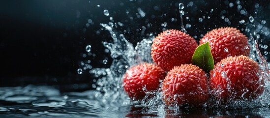 Wall Mural - Fresh lychee fruits splashing into water with droplets and green leaf on dark background Copy Space