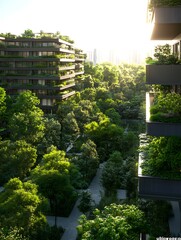 Aufkleber - A vibrant futuristic cityscape featuring green architecture and interconnected elements, showcasing innovation and sustainability.