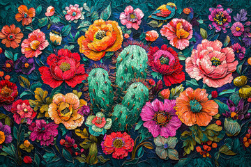Aufkleber - A stunning display of colorful flowers and cacti captivates with its intricate details and vibrant hues, set against a rich dark green backdrop