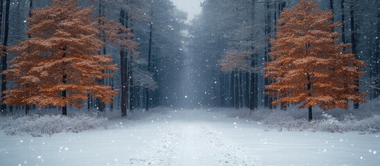 Wall Mural - Snowy forest landscape with tall trees and vibrant orange foliage during winter with falling snow and a clear pathway through the scene Copy Space