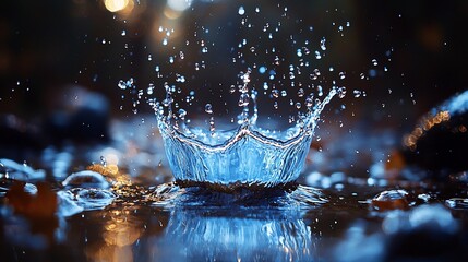 Fototapete - Water droplet crown splash, night, nature background, website banner