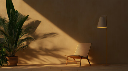 Wall Mural - cozy interior scene featuring wooden chair, floor lamp, and potted plant, illuminated by warm sunlight casting soft shadows on textured wall