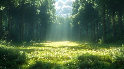 Wall Mural - Sunbeams illuminate forest clearing, wildflowers, idyllic nature scene, tranquil background, peaceful