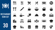 © AENGURA - Restaurant Food icon set, sign and symbol,  Fork, spoon, knife, plate, chef hat, and cloche or tray icon Vector illustration.