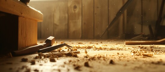 Woodworking tools on a dusty floor with shavings and sunlight streaming through a window in a workshop environment Copy Space