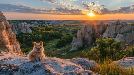 Canvas Print - Lionhead rabbit sunset clifftop Badlands landscape