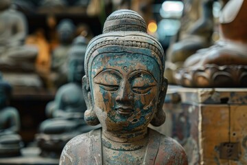 Weathered and painted antique buddha statue with other statues blurred in the background