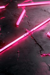 Wall Mural - Dark abstract backdrop with red and pink neon lines creates a striking visual effect. Scattered fragments complement the composition, offering space for bold text