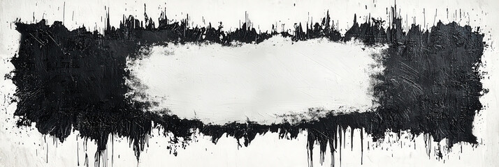 Aufkleber - This striking abstract piece features a bold black and white design with textured edges, exhibited in a modern art gallery space, inviting viewer engagement