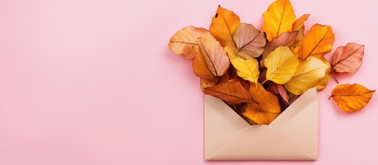 Wall Mural - Envelope filled with autumn leaves on pink background with copy space for text. Seasonal theme, fall foliage decoration.