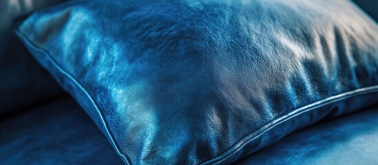 Sticker - Blue leather pillow close up on textured surface with soft lighting and detailed stitching suitable for textile and interior design backgrounds Copy Space