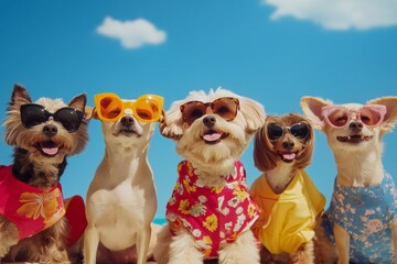 a group of dogs with sunglasses wearing summer clothes beach settings