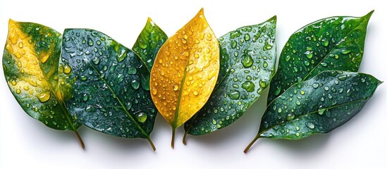 Canvas Print - Fresh green leaves with water droplets arranged in a row on a white background with yellow leaf included and Copy Space