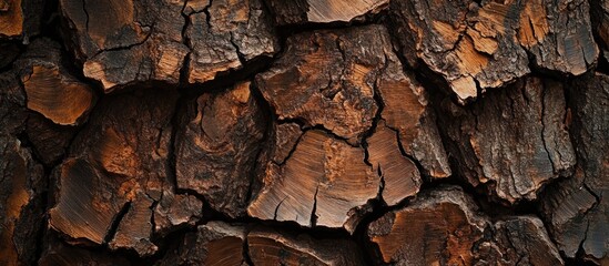 Poster - Textured close-up of rustic tree bark with deep grooves and rich brown tones ideal for natural backgrounds or organic designs Copy Space