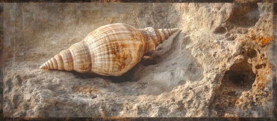 Wall Mural - Spiral seashell on rocky surface with textured background and warm tones suitable for natural still life themes Copy Space