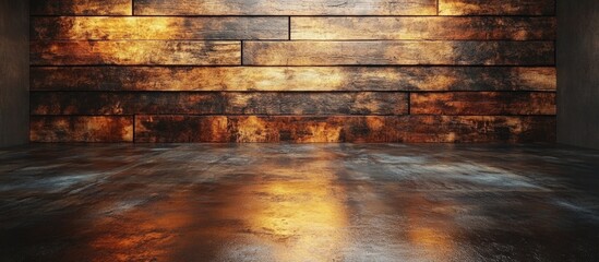 Wall Mural - Textured wooden wall with reflections on a polished floor in a dimly lit environment Copy Space