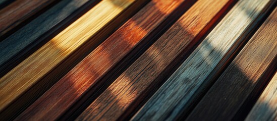 Wall Mural - Wooden planks with different colors and textures illuminated by natural light with shadow patterns and Copy Space