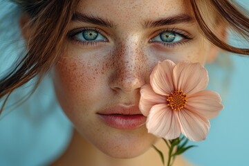 Sticker - Young woman with freckles holds a pink flower close to her face against a blue background on a sunny day