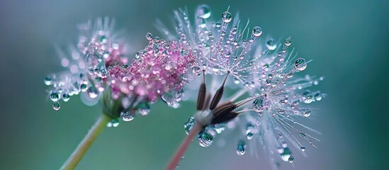 Wall Mural - Close-up of delicate dandelion seeds with water droplets on a soft blurred background Copy Space