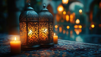 Wall Mural - Ramadan Donation Drive Banner with Islamic Lanterns and Candles 