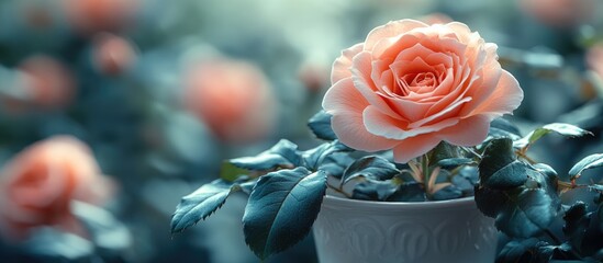 Poster - Pink rose in white pot surrounded by soft-focus greenery with blurred background and natural light, Copy Space