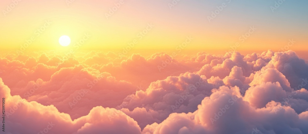 Sunrise over fluffy clouds in pastel colors creating a tranquil sky ...