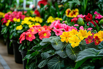 Aufkleber - A vibrant array of yellow, pink, and red flowers fills the greenhouse, displaying their colors beautifully under the afternoon light