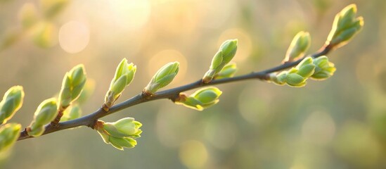 Sticker - Green buds on a slender branch with a soft background of blurred light and natural bokeh effects, ideal for seasonal themes, Copy Space