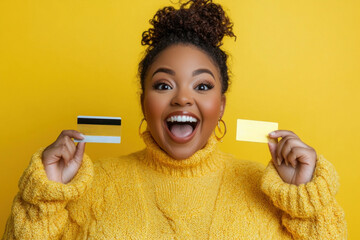 Woman with curly hair joyfully holds two cards while wearing a cozy yellow sweater, set against a bright yellow backdrop