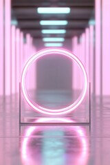 Wall Mural - A vibrant pink neon halo shines brilliantly against a smooth chrome backdrop, casting soft reflections and providing an ideal area for text placement in a minimalist design