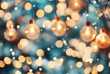 Wall Mural - beautifully illuminated vintage glass light bulbs hanging at night against a soft bokeh background f