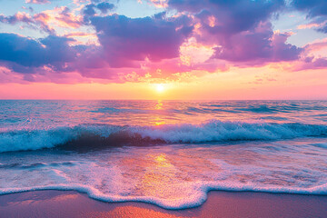 Poster - The sun sets just above the horizon, casting beautiful hues across the ocean waves while the sandy shore captures the golden glow