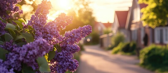 Sticker - Sunset over a quiet street with blooming lilac flowers in the foreground and houses in soft focus Copy Space