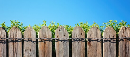 Canvas Print - Wooden fence with rounded tops and green foliage against a clear blue sky with ample Copy Space for text insertion.