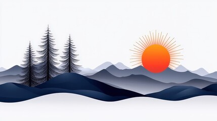 Wall Mural - Serene Sunset Over Mountain Landscape with Pine Trees and Abstract Design Elements