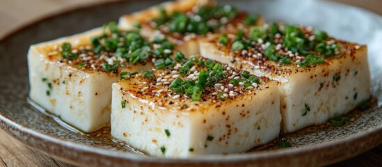 Wall Mural - Cooked tofu cubes garnished with chopped green onions and sesame seeds on a rustic plate with a wooden background Copy Space