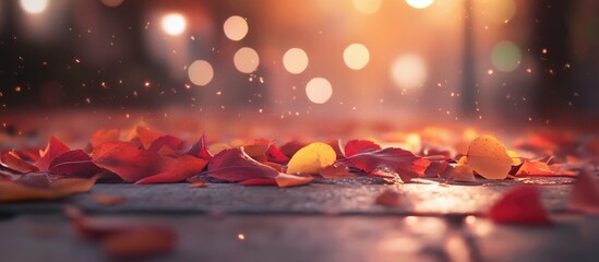 Sticker - Colorful autumn leaves on ground with soft bokeh background and warm light creating a tranquil atmosphere Copy Space