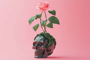 Aufkleber - A striking pink rose flourishes from the top of a skull adorned with green vines, set against a soft pink backdrop, symbolizing life and mortality